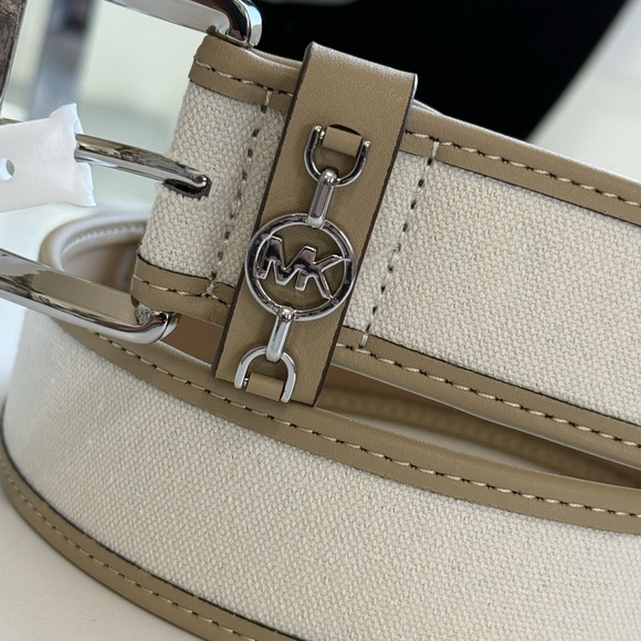 Michael Kors Cream Canvas Belt with Tan Trim and Silver-Tone MK Accent - Picture 2 of 5